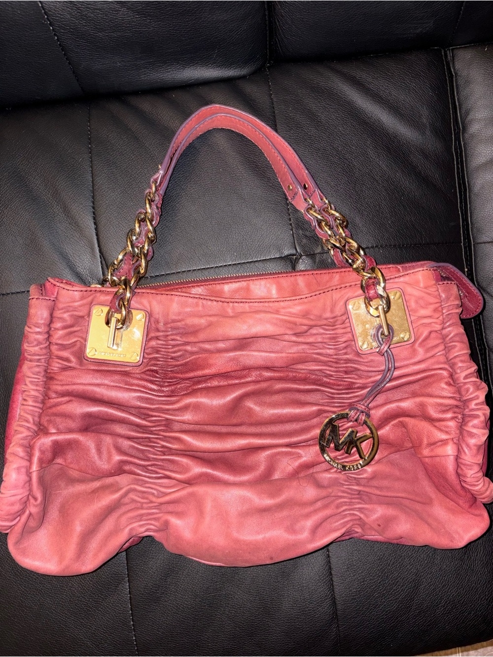 Michael Kors Rose Pink Ruched Leather Shoulder Bag with Gold Hardware